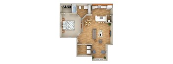 A floor plan of a house with a kitchen, living room, and two bedrooms.