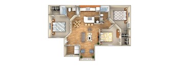 A top-down view of a house layout with a kitchen, living room, and bedrooms.