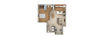 A floor plan of a house with a kitchen, living room, and two bedrooms.