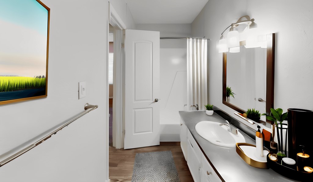 a bathroom with a sink and a mirror and a shower