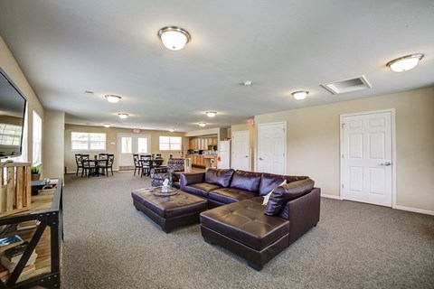 A living room with a brown couch and a coffee table.
