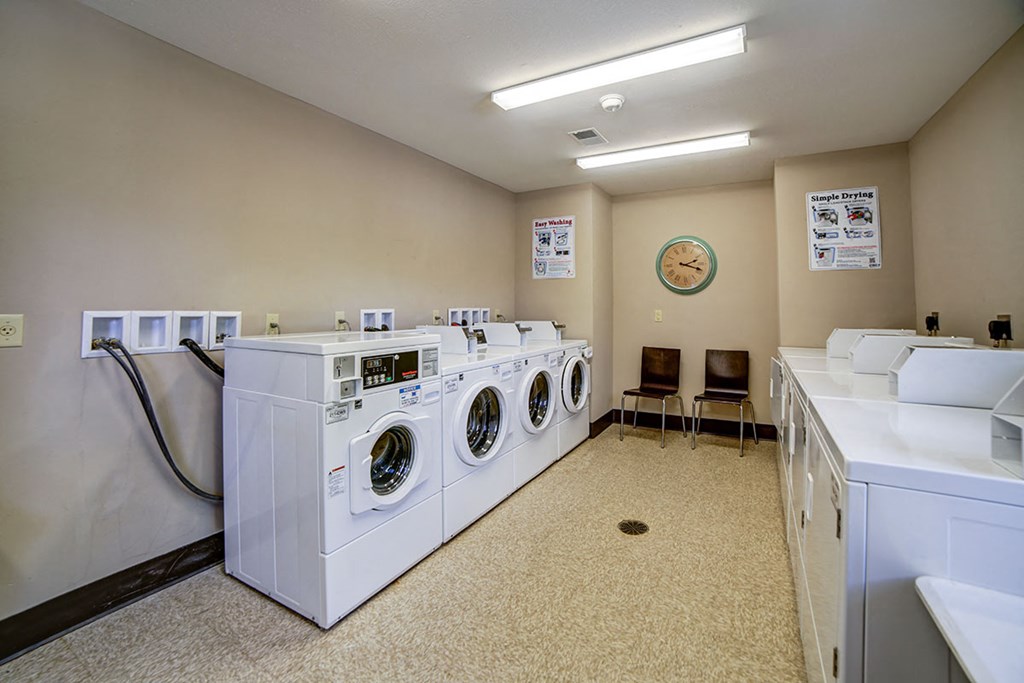 a washer and dryer room with a row of washing machines