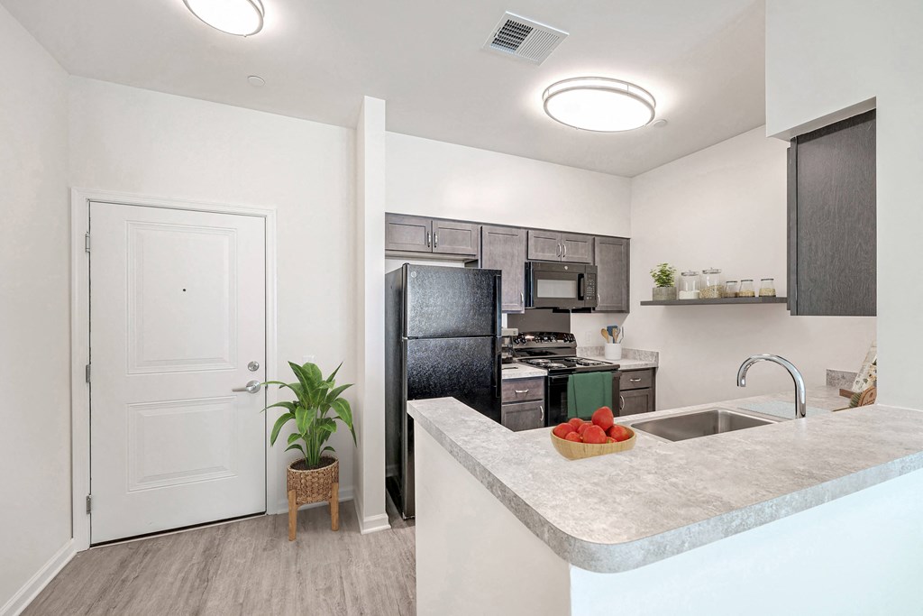 A kitchen with a black refrigerator and a white door.