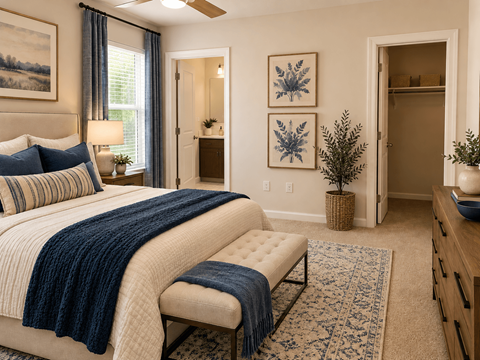 A bedroom with a large bed and a bench.