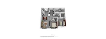 a stylized 3d floor plan with a bedroom and a living room