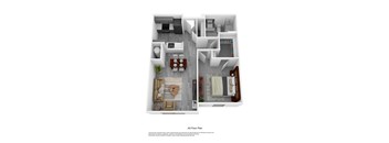 a 3d floor plan is shown with a bedroom and living room