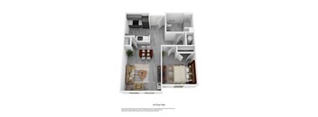 a stylized 3d floor plan with a bedroom and living room