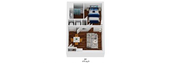 a stylized 3d floor plan of a bedroom with a bed and a desk