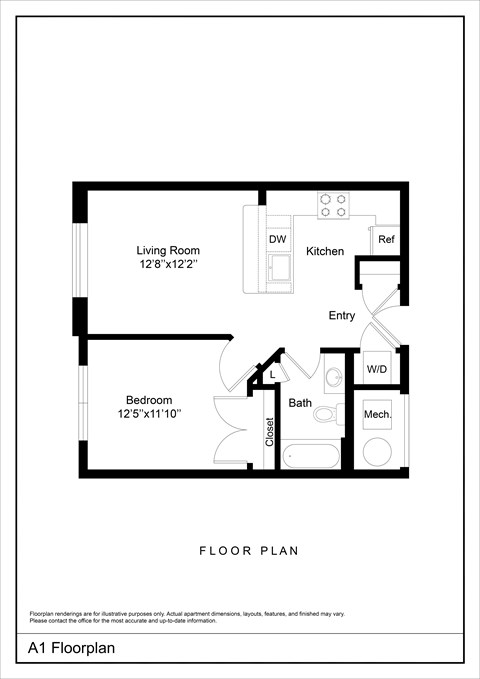 A black and white image of a floor plan for a one bedroom apartment.