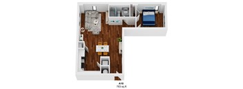 a stylized floor plan with a bedroom and a living room