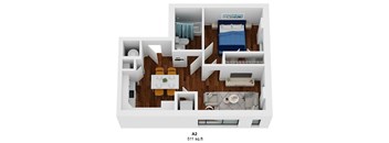 a stylized 3d floor plan with a bedroom and living room