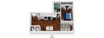 a stylized floor plan with a bedroom and a living room