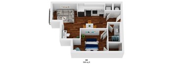 a stylized floor plan with a bedroom and living room