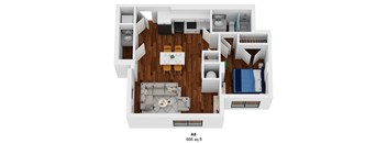 a 3d rendering of a bedroom floor plan with a living room and dining room