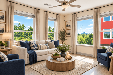 A living room with a large window and a view of trees and a red building outside.