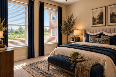 A bedroom with a large bed and a view of a red building outside the window.