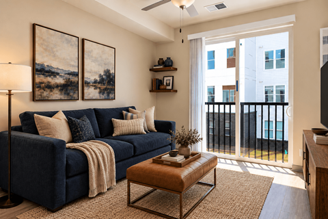 A living room with a blue couch and a painting on the wall.