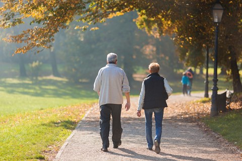 an older couple walking down a path in a park