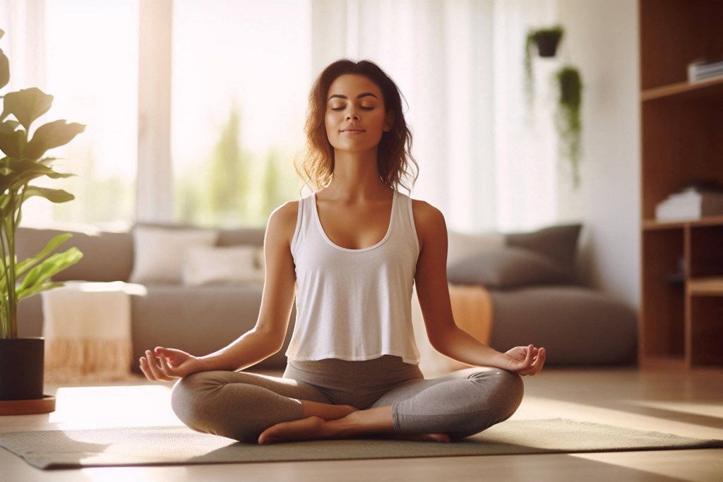 a woman sitting on a yoga mat on the floor with her eyes closed