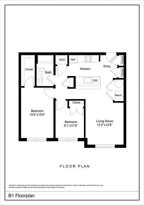 A black and white floor plan of apartment B1.
