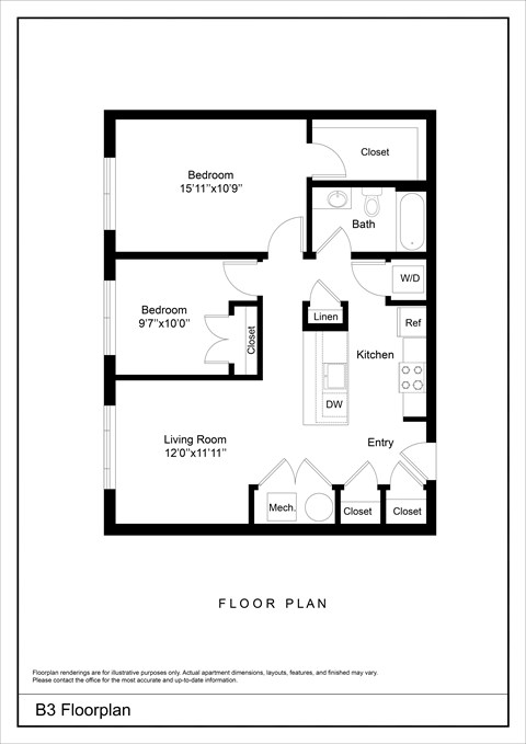 A black and white image of a floor plan for a B3 apartment.