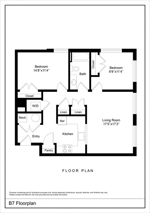 A black and white floor plan of an apartment layout.