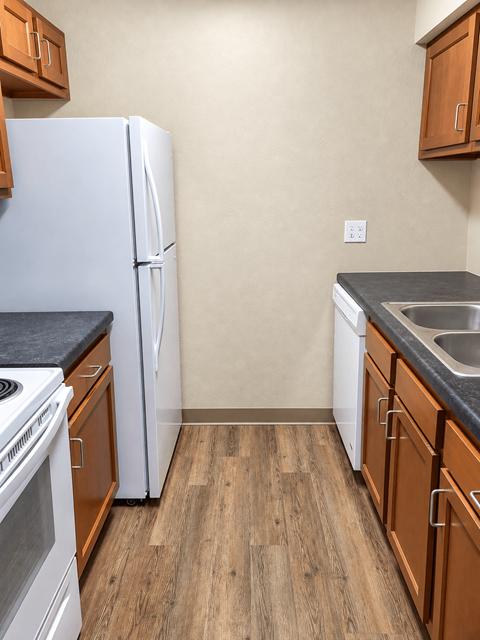 A kitchen with a white fridge, wooden cabinets and a black counter top.