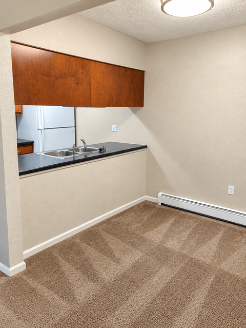 A kitchen area with a sink and a refrigerator.