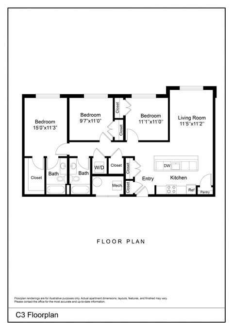A black and white floor plan of a C3 apartment.