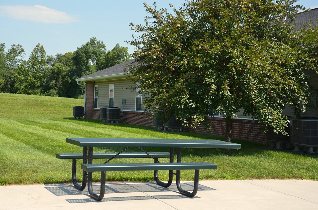 a picnic table in a park in front of a house