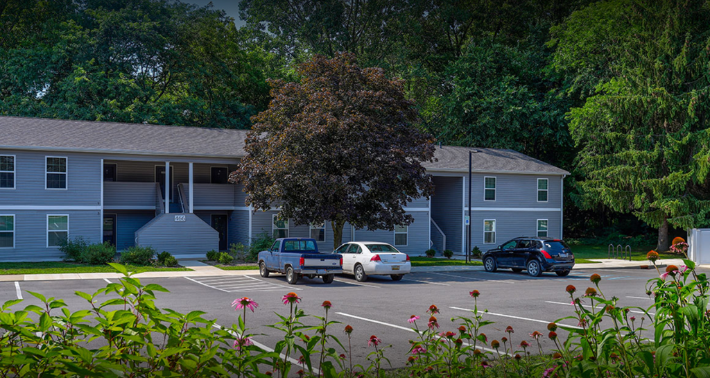 apartment building with flowers