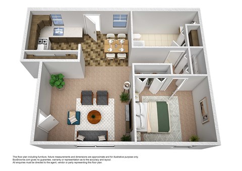 a stylized floor plan of a 1 bedroom apartment