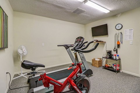 a home gym with a bike and a tv