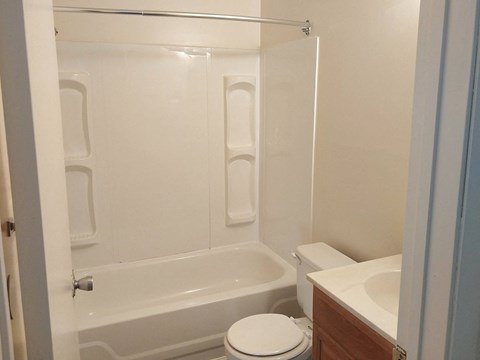 A white toilet sits next to a bathtub in a bathroom.