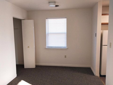 A room with a white door, a window with blinds, and a carpeted floor.