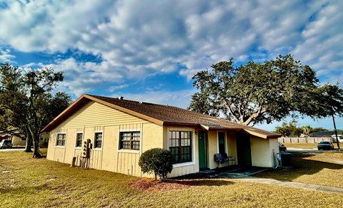 A small house with a green door and a brown roof.