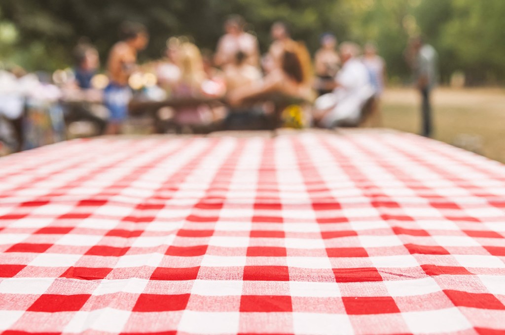 a group of people sitting on a table with a red and white checked table cloth