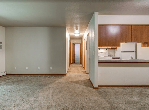 an empty living room and kitchen with a carpeted floor