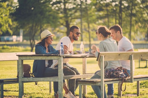 Four people sitting at a picnic table in a park.