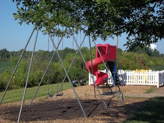 a swing on a swing set in a park