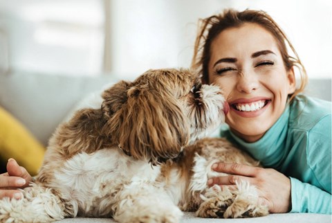 A woman is hugging a small, fluffy dog.