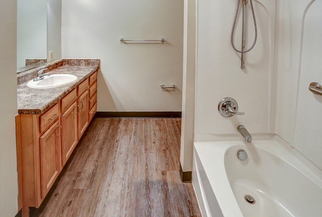 a bathroom with a tub and a sink and a mirror