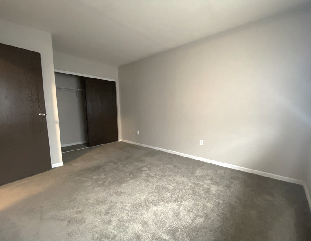 a living room with a carpet and a door to a closet