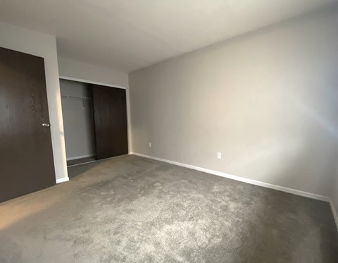 a living room with a carpet and a door to a closet