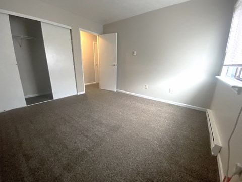 a bedroom with a carpeted floor and a closet and a window