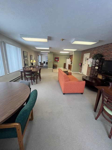 A living room with a couch, chairs, and a dining table.