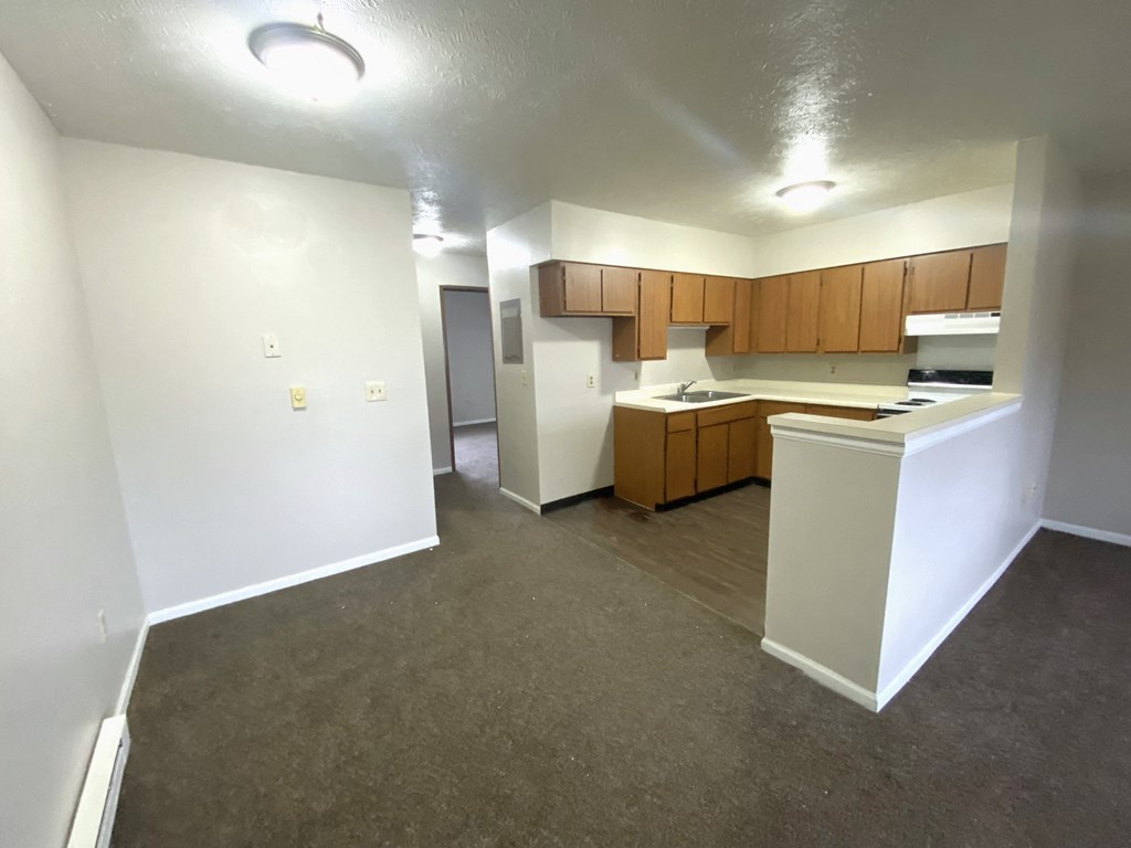 an empty living room and kitchen in an empty apartment