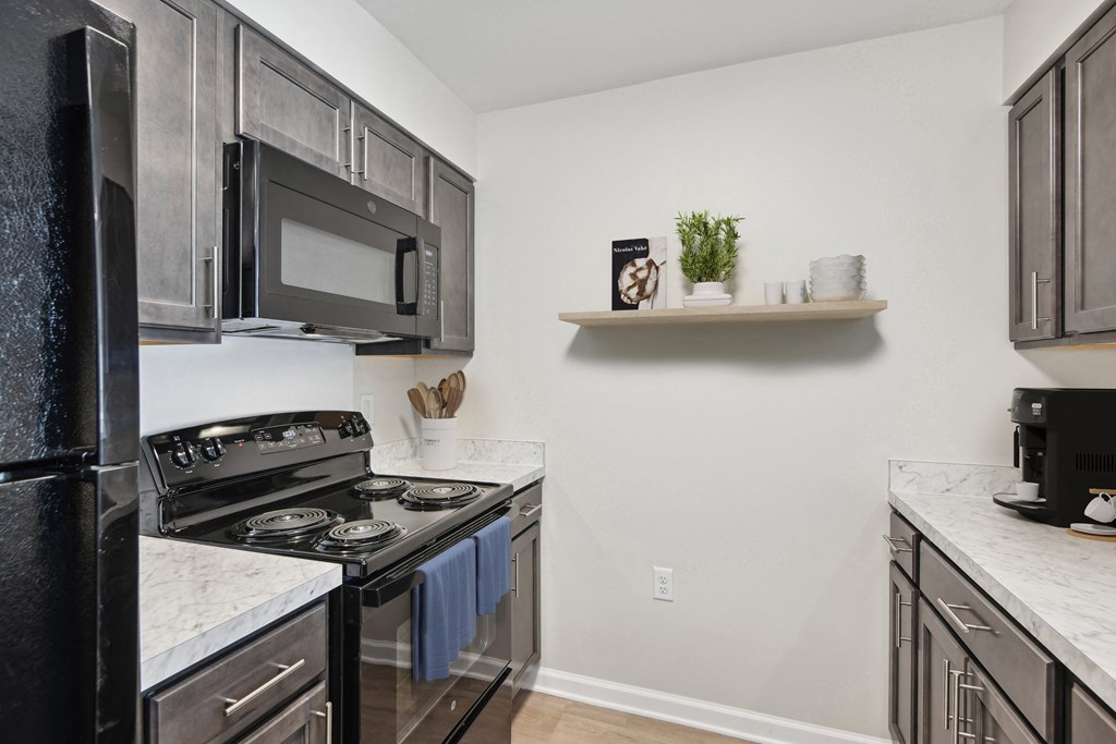 a kitchen with black appliances and white counter tops and a black stove and microwave