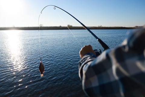 A person is fishing in a lake with a fishing rod.
