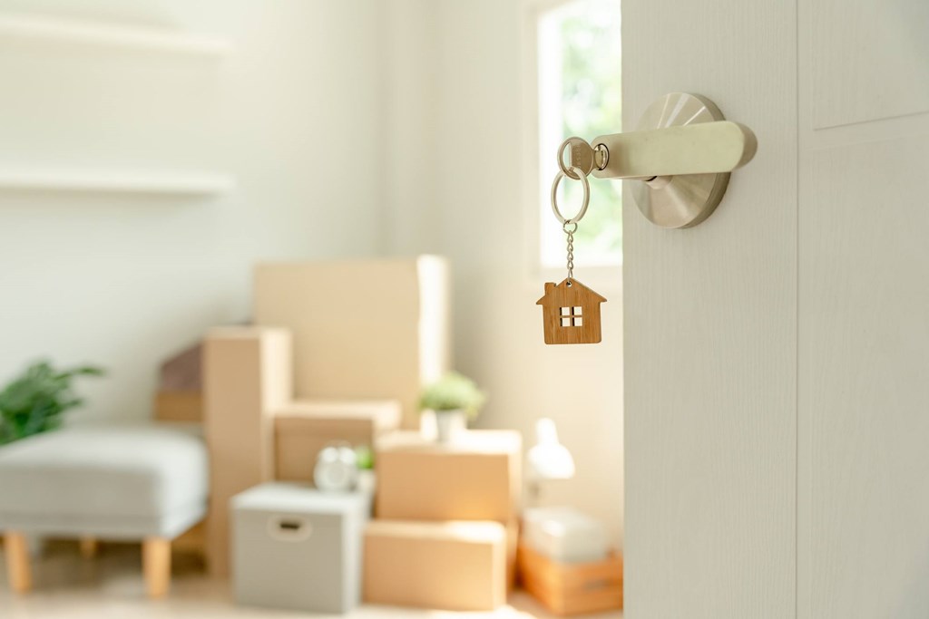 A key hanging from a door handle with boxes and a plant in the background.